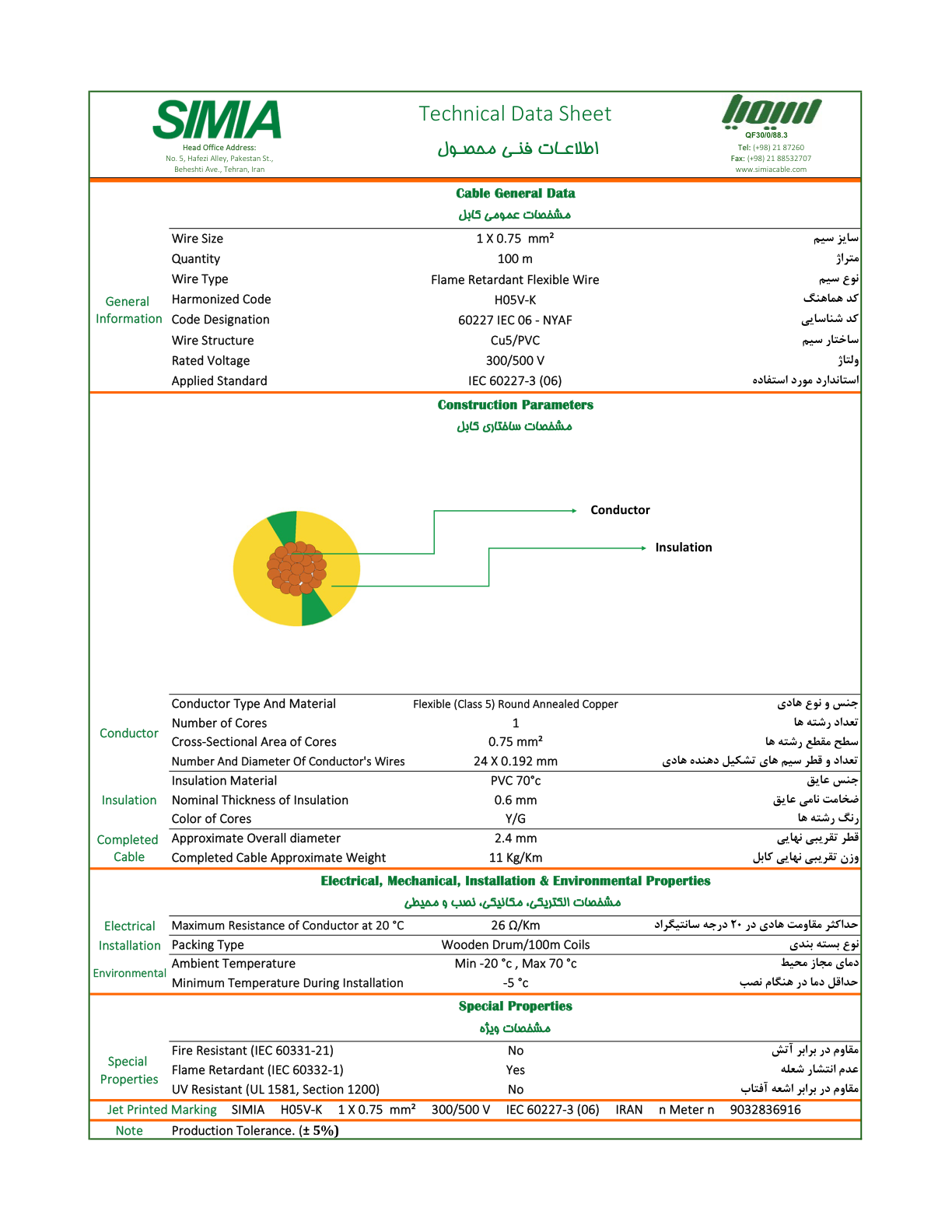 مشخصات فنی دقیق سیم سایز 0.75 سیمیا
