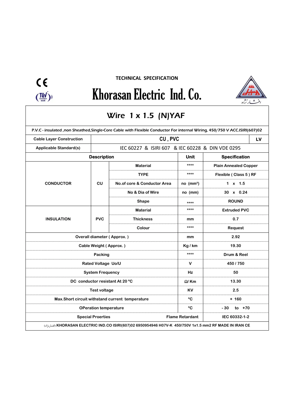 مشخصات دقیق سیم 1.5 خراسان افشارنژاد